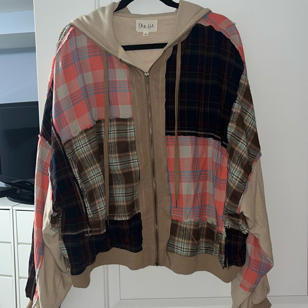 Oli & Hali Patchwork Plaid Zip Hoodie in Coral, Brown & Tan